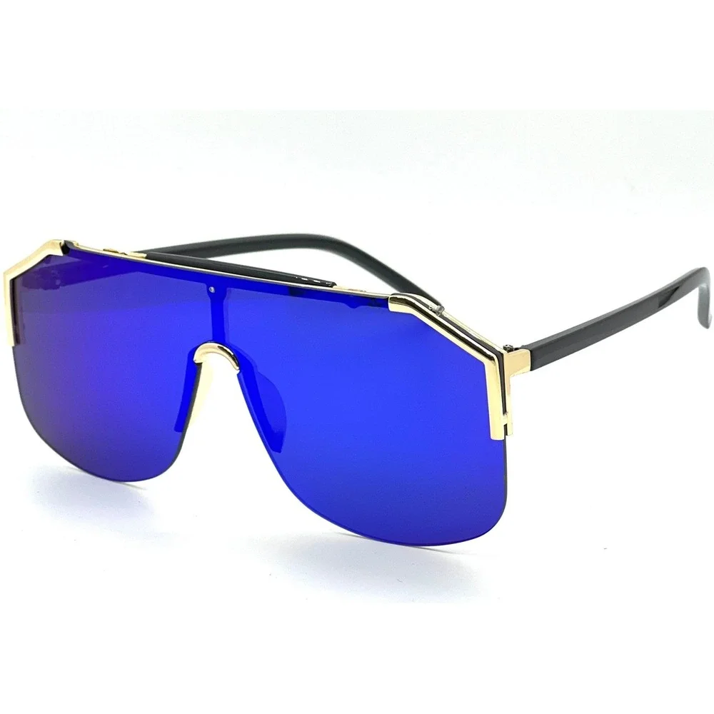 Shield Sunglasses Blue Mirrored Lens Gold Trim Fashion Visor Men‎ Glasses Gafas